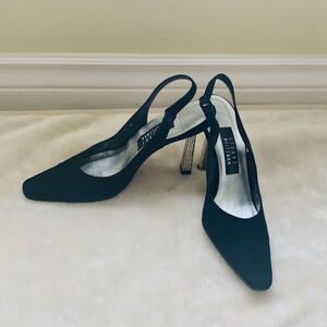 STUART WEITZMAN Black Satin Crystal Heel Slingback Size 8.5